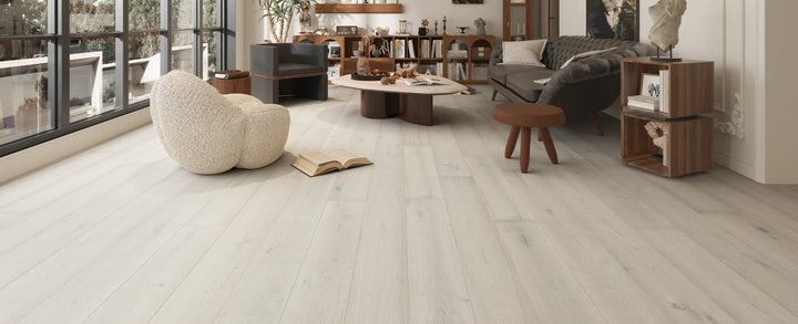 White Peak - Fuzion TruNorth white oak engineered hardwood flooring, 3mm face layer, 9/16" thickness featuring a wide plank design, natural wood grain texture. Shop at Advanced Flooring Waterloo. 