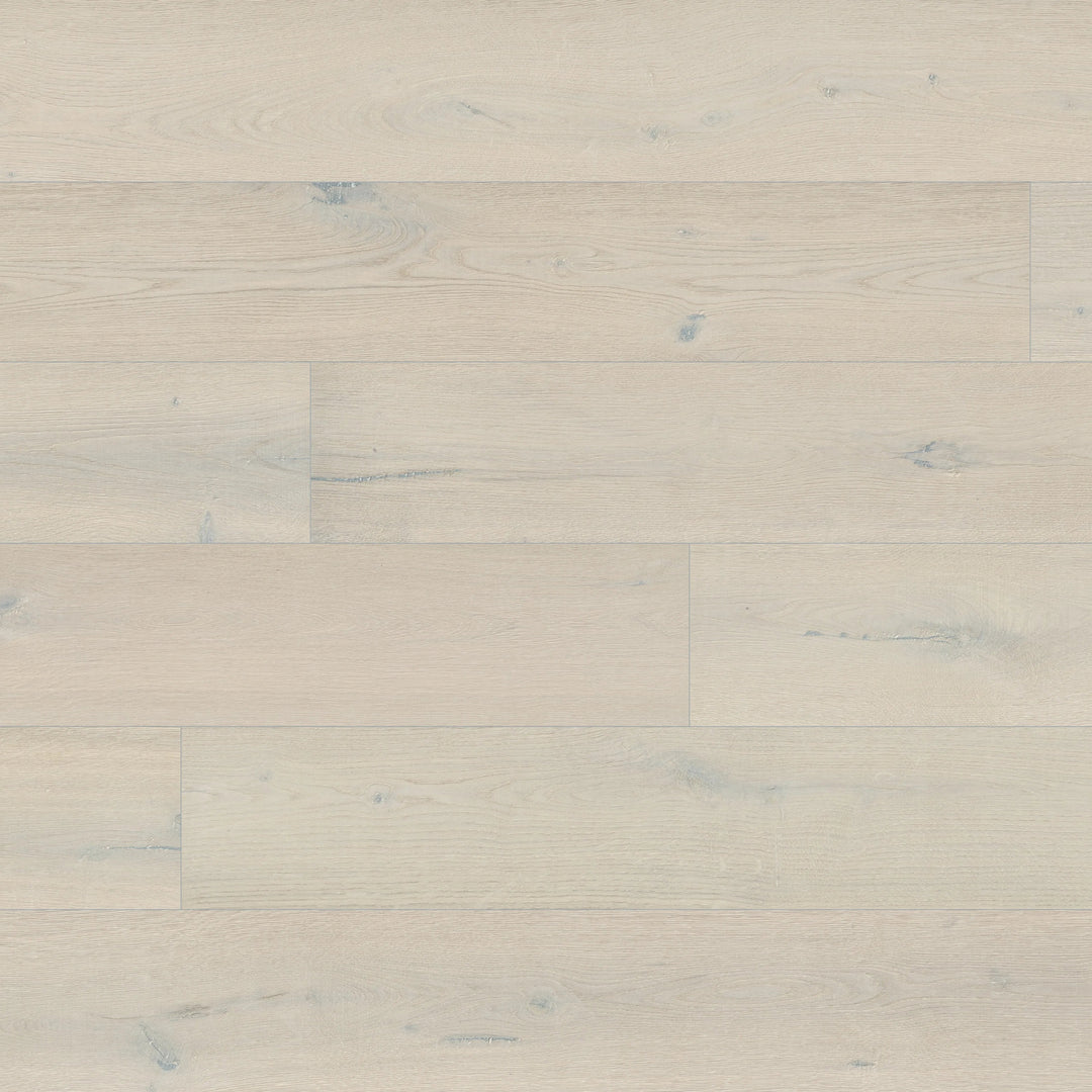 Close-up of White Peak by Fuzion TruNorth engineered hardwood flooring featuring wide planks and a durable 3mm top layer.