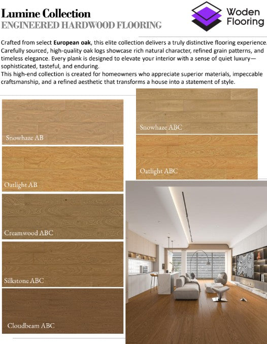 Woden's Lumine engineered hardwood flooring collection with various wood samples and a living room setting.