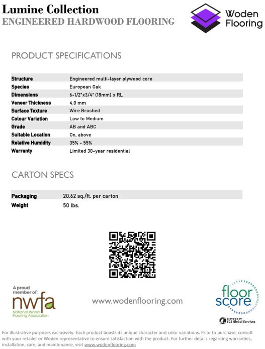 Product specifications for engineered hardwood flooring by Woden's Lumine Collection. Available at Advanced Flooring Waterloo. 