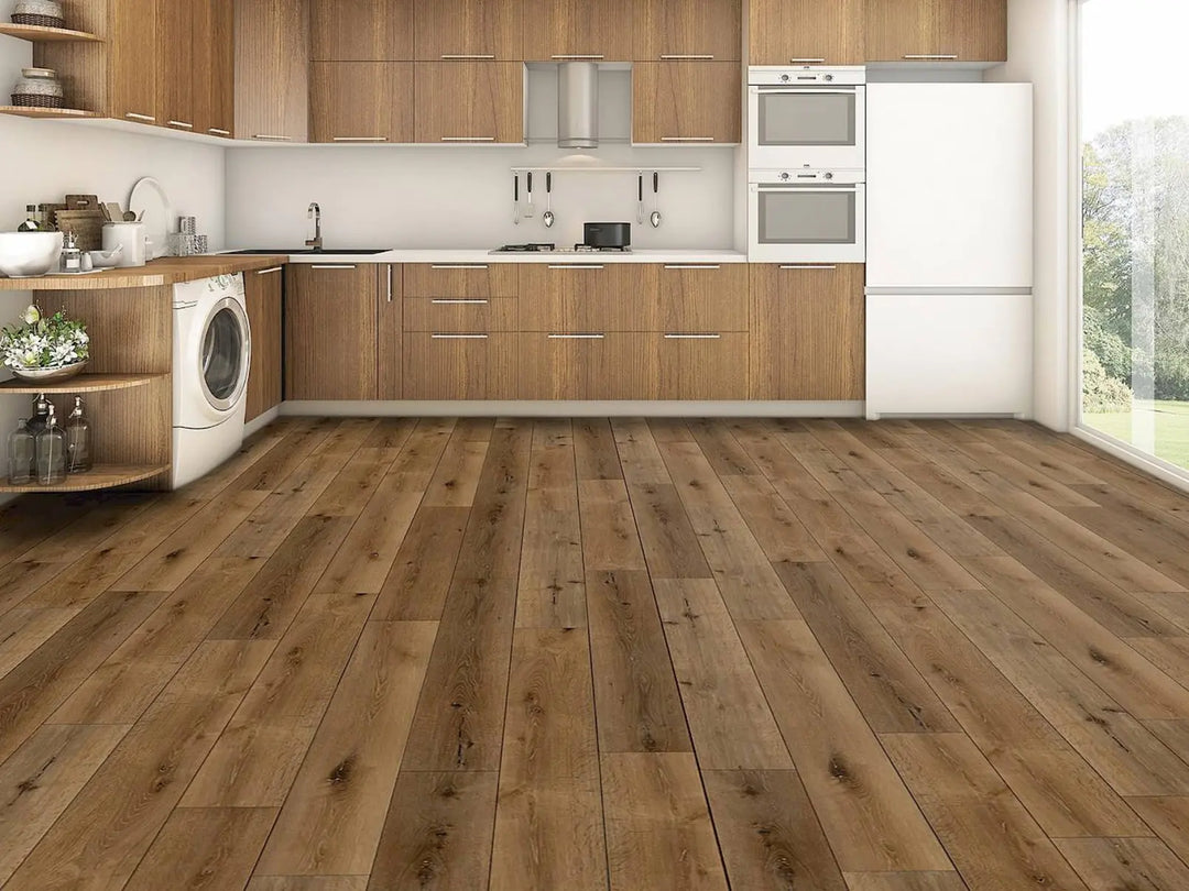 Modern kitchen with wooden flooring and appliances