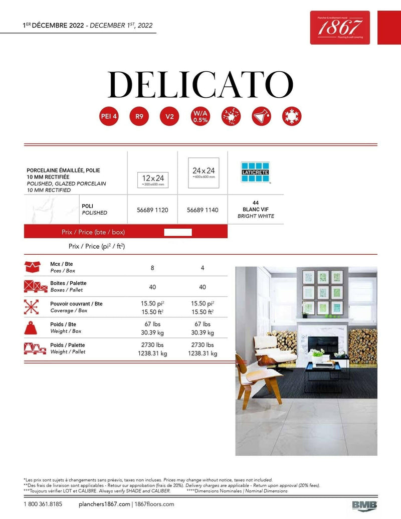 $1.99/sqft 24 x 24 Polished Porcelain Tile 1867 Delicato - advancedflooring