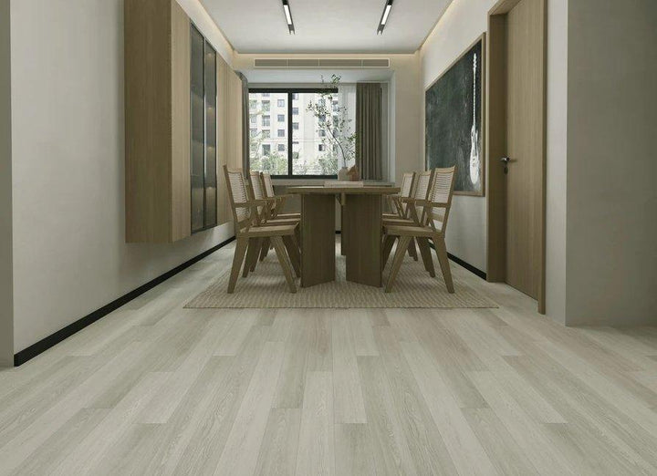 Beautiful room with 8mm SPC vinyl flooring installed in the colour 801 Sandy Shell by Woden Flooring sold by Advanced Flooring in Kitchener-Waterloo.