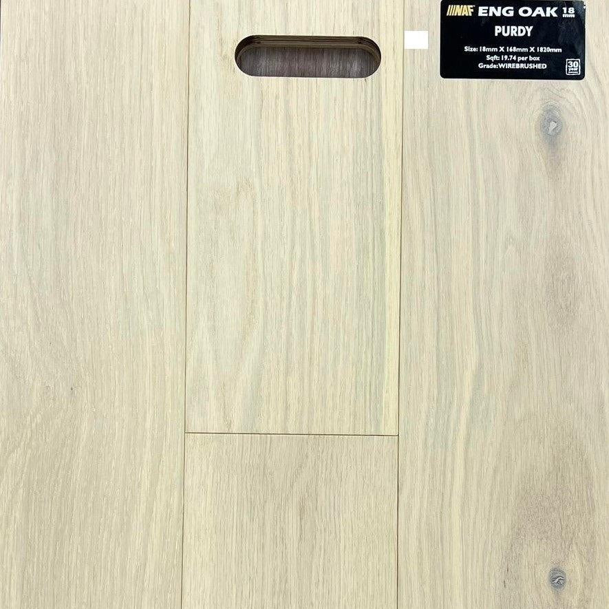 Close-up showing the texture and color of Purdy NAF oak engineered hardwood flooring.