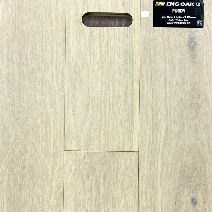 Close-up showing the texture and color of Purdy NAF oak engineered hardwood flooring.