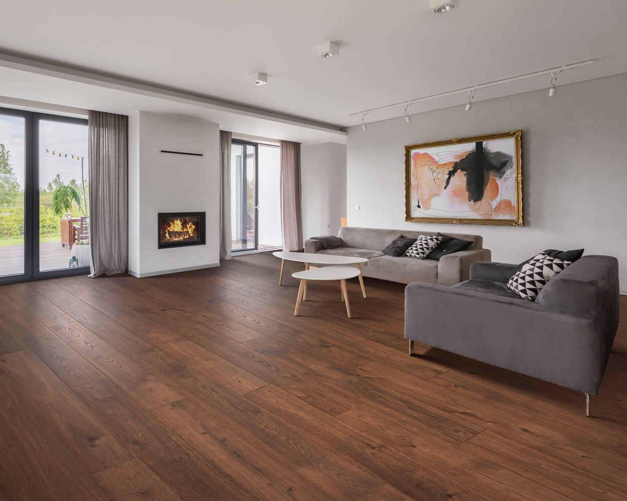 modern living room with Aged Copper Oak Mohawk RevWood Plus Elderwood waterproof laminate flooring installed
