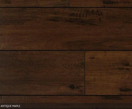 Close-up showing the texture and color of Antique Maple NAF 12mm handscraped laminate flooring.