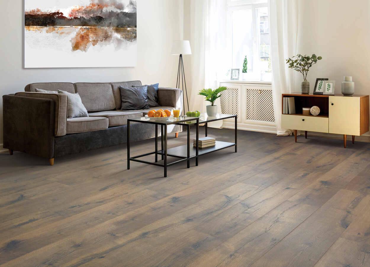 modern living room with Antiquities Oak Mohawk RevWood Plus Castelbriar installed