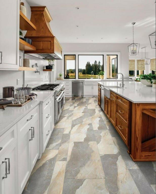 Modern room with 5mm vinyl tile installed in the colour Basset by Mohawk SolidTech sold by Advanced Flooring in Kitchener-Waterloo.