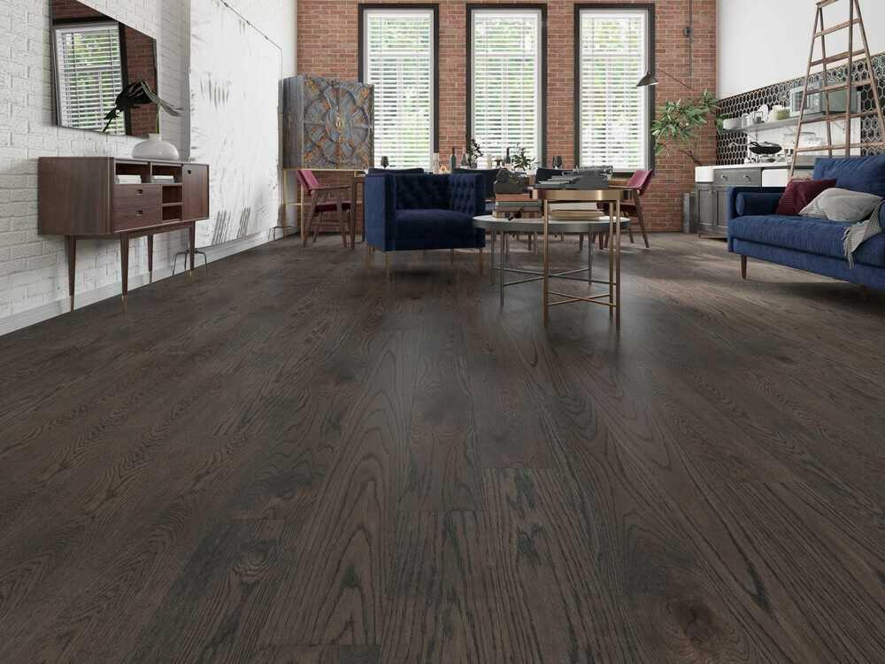 A modern living room which displays the beautiful look of Coffee premium click engineered hardwood flooring from Vidar.
