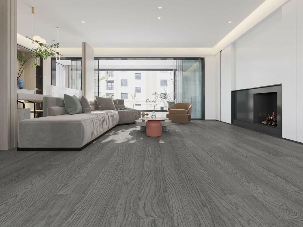 A modern living room which displays the beautiful look of Coyote premium engineered hardwood flooring from Vidar.