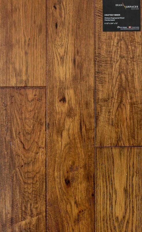 A close up of Crafted Timber BRAND SURFACES premium 6-½” engineered hardwood flooring from Canadian Standard.