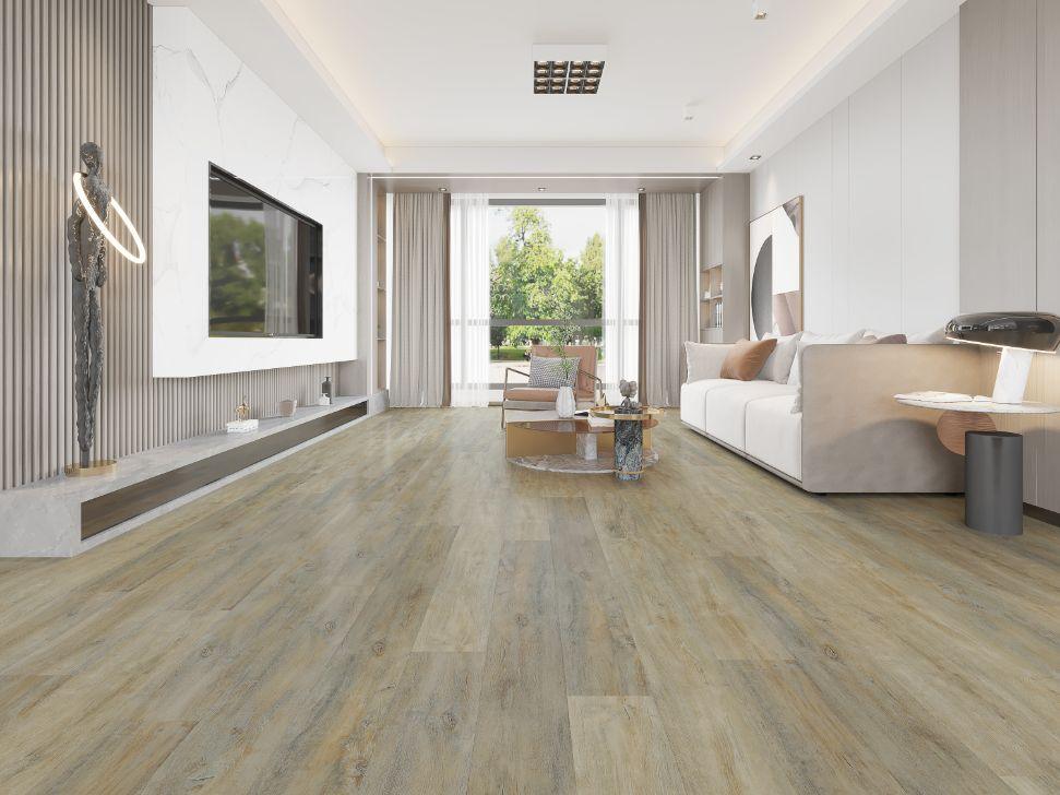 A bright and inviting living room showcasing the rich, brown-gray tones of Purelux vinyl plank flooring.