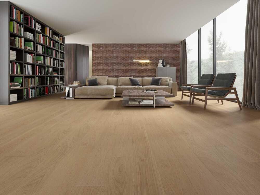 A modern living room which displays the beautiful look of Day Break premium engineered hardwood flooring from Vidar.