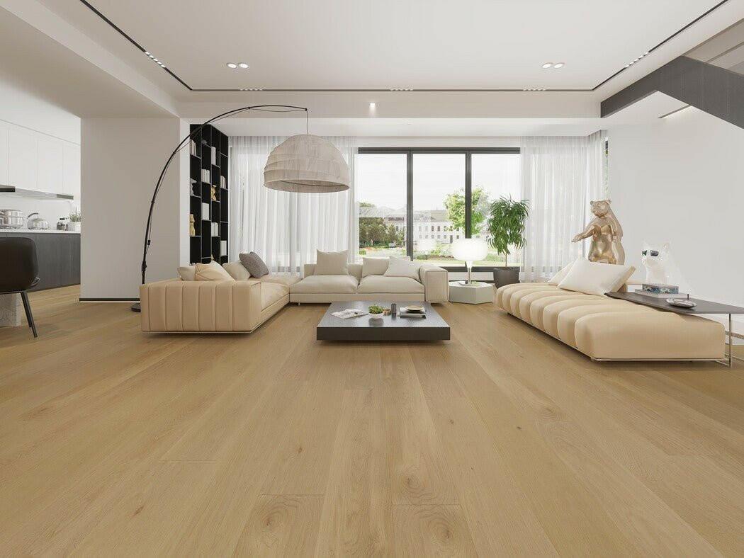 A modern room which displays the beautiful look of Moonlight/Day Break premium engineered hardwood flooring from Vidar.