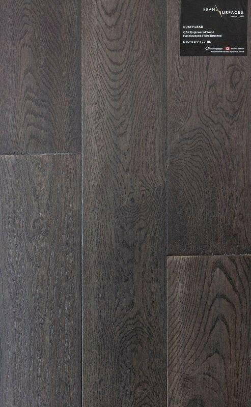 A close up of Dusty Lead BRAND SURFACES premium 6-½” engineered hardwood flooring from Canadian Standard.