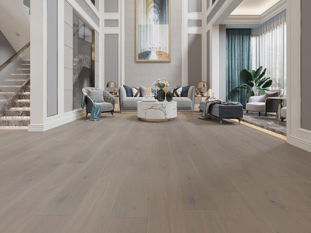 A modern living room which displays the beautiful look of Fortino premium engineered hardwood flooring from Vidar.