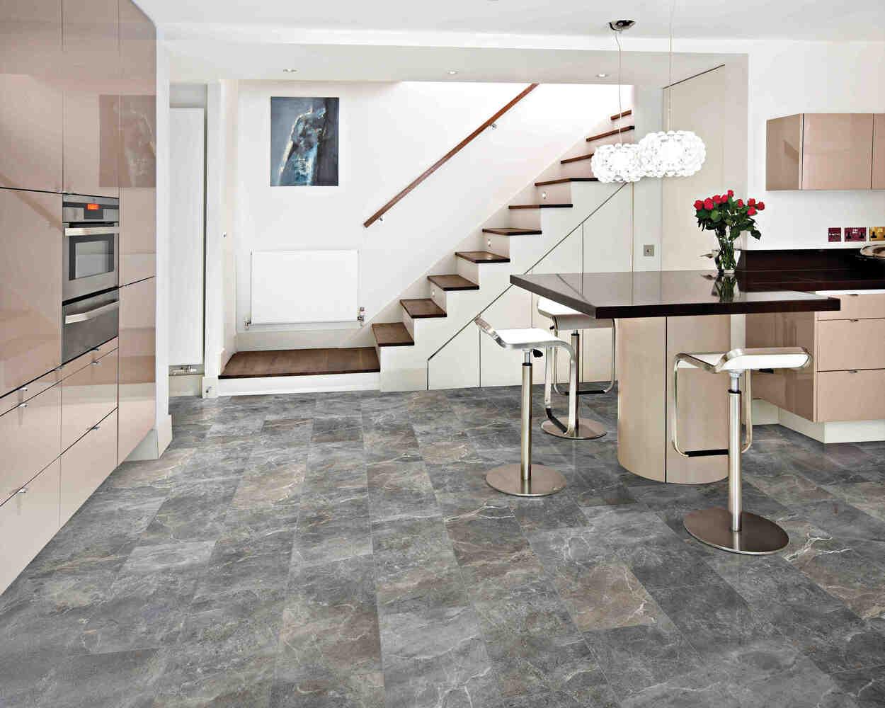 Modern room with 6mm vinyl tile installed in the colour Gothic Arch by Mohawk SolidTech sold by Advanced Flooring in Kitchener-Waterloo.