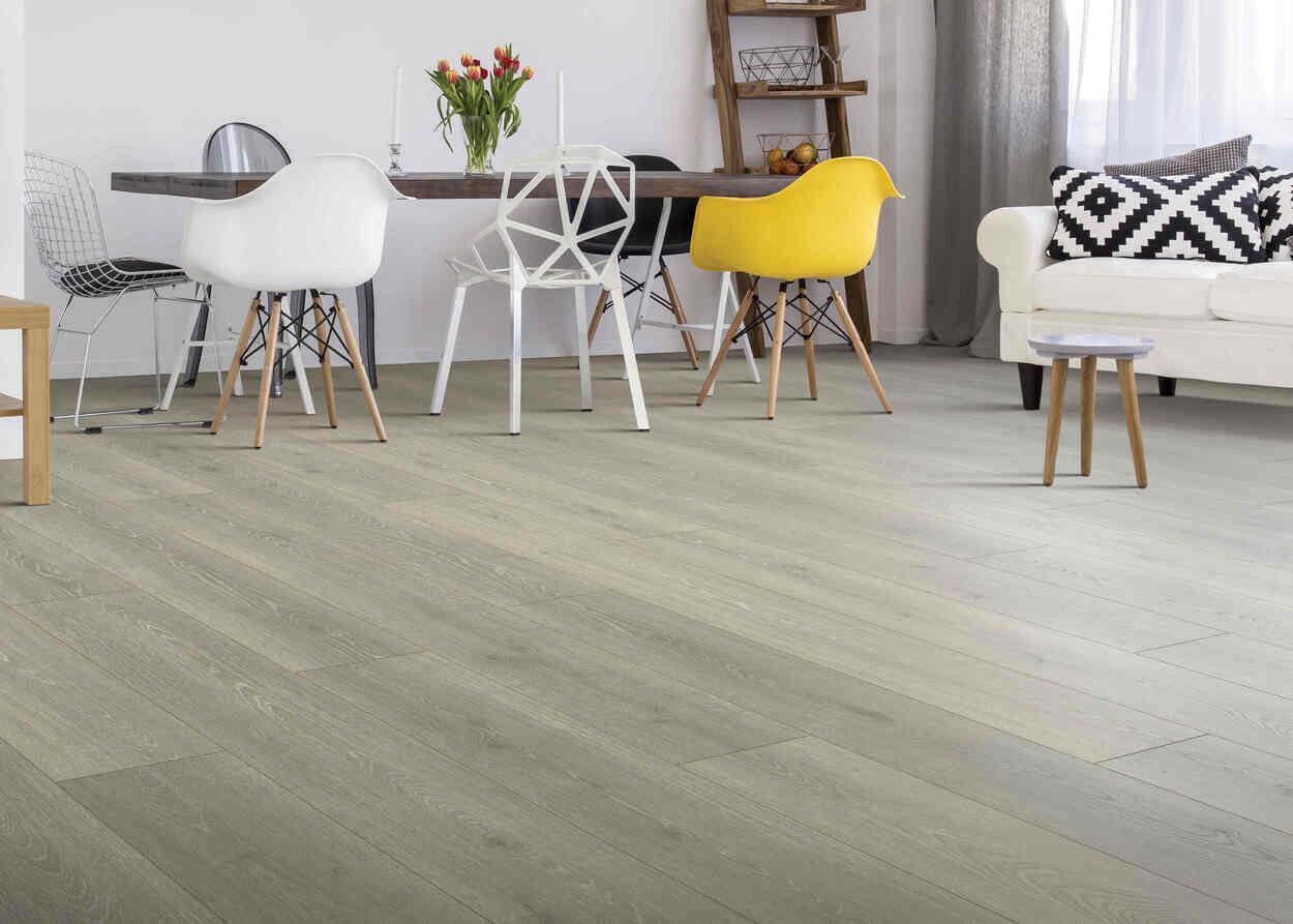 modern beachy living area dining room with Beachwood Mohawk RevWood Select BOARDWALK COLLECTIVE installed