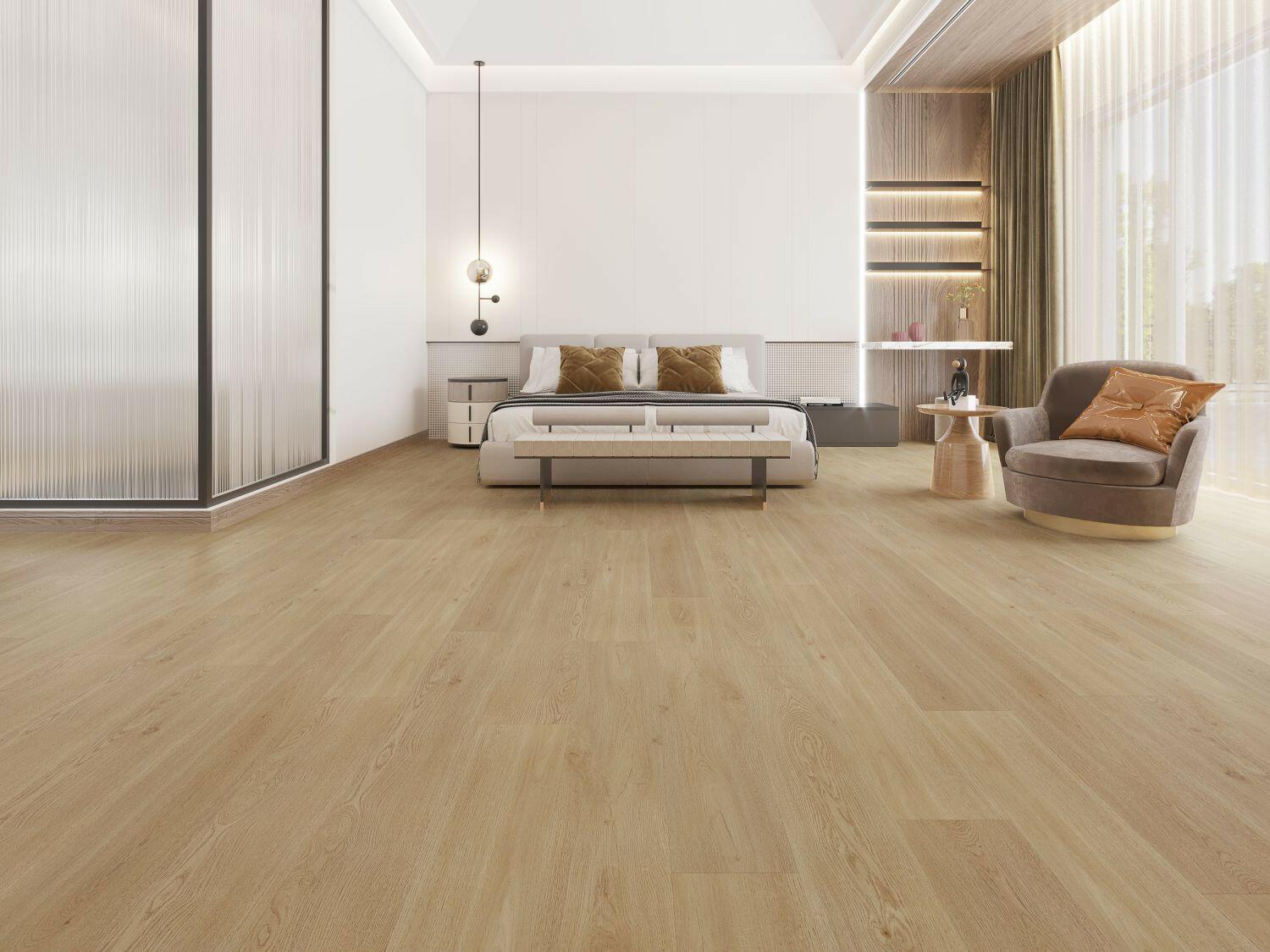 A bright and inviting room showcasing the rich, light brown tones of Purelux laminate flooring.