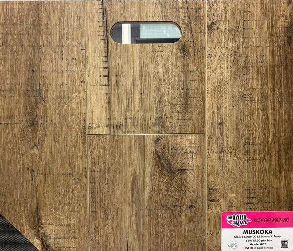 Close up of MUSKOKA AQUAPLUS Select Vinyl flooring 7mm SPC with attached pad sold by Advanced Flooring