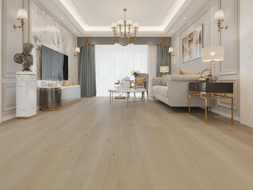 A modern living room which displays the beautiful look of Naked Oak premium engineered hardwood flooring from Vidar.