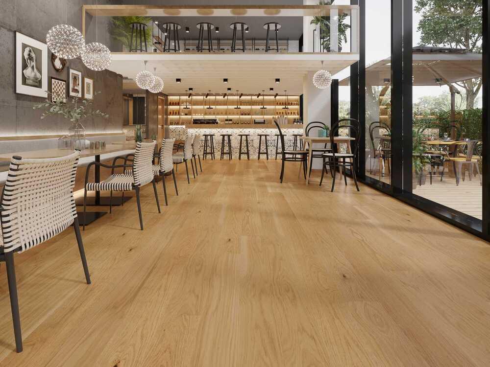 A modern restaurant which displays the beautiful look of Natural premium engineered hardwood flooring from Vidar.