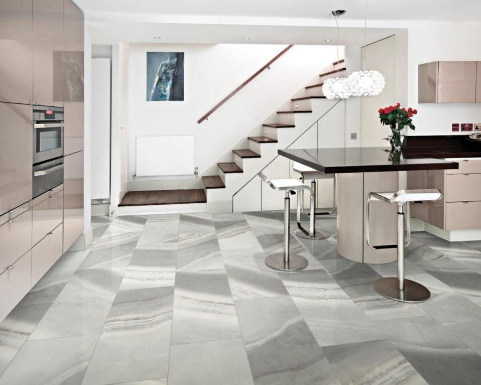 Modern room with 6mm vinyl tile installed in the colour Perspective by Mohawk SolidTech sold by Advanced Flooring in Kitchener-Waterloo.