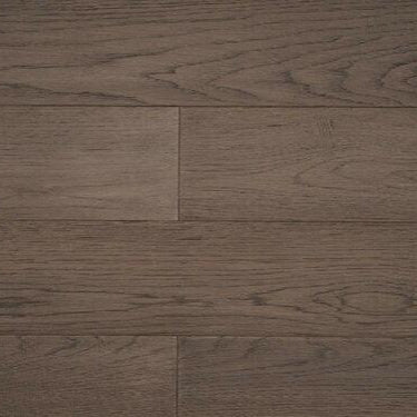 Close-up showing the texture and color of Quarry Grey NAF hickory engineered hardwood flooring.