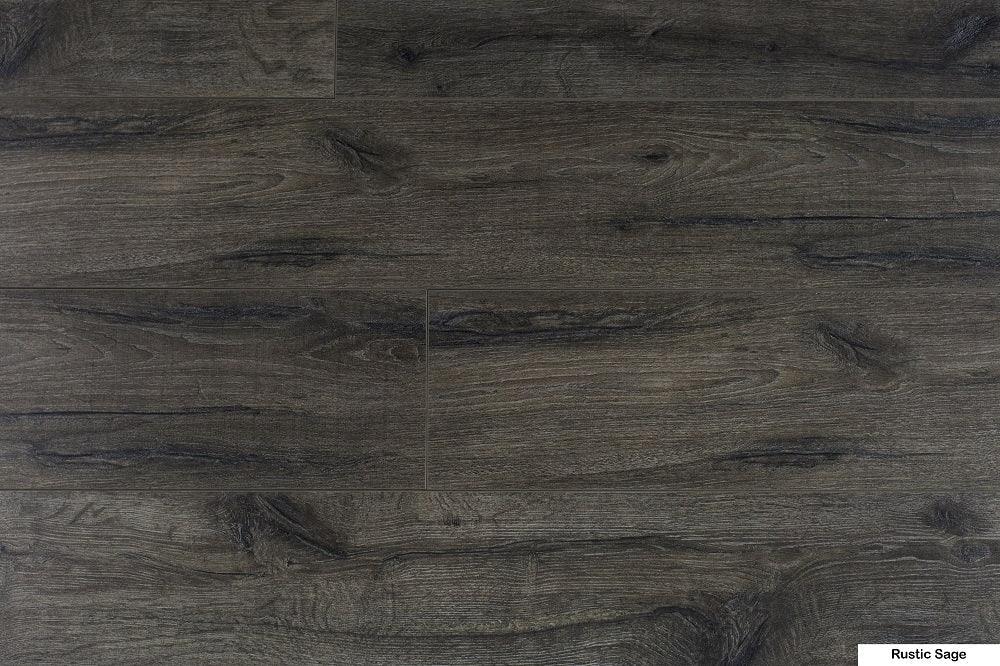 Close-up showing the texture and color of Rustic Sage NAF 12mm handscraped laminate flooring.