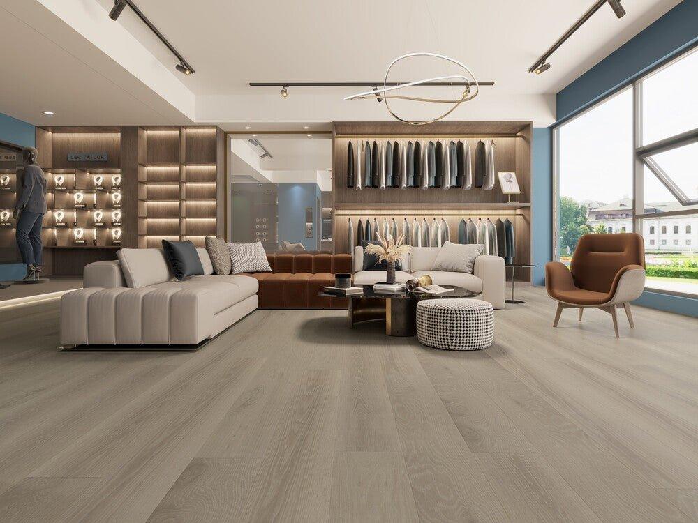 A modern room which displays the beautiful look of Sand Beige premium European Oak engineered hardwood flooring from Vidar.