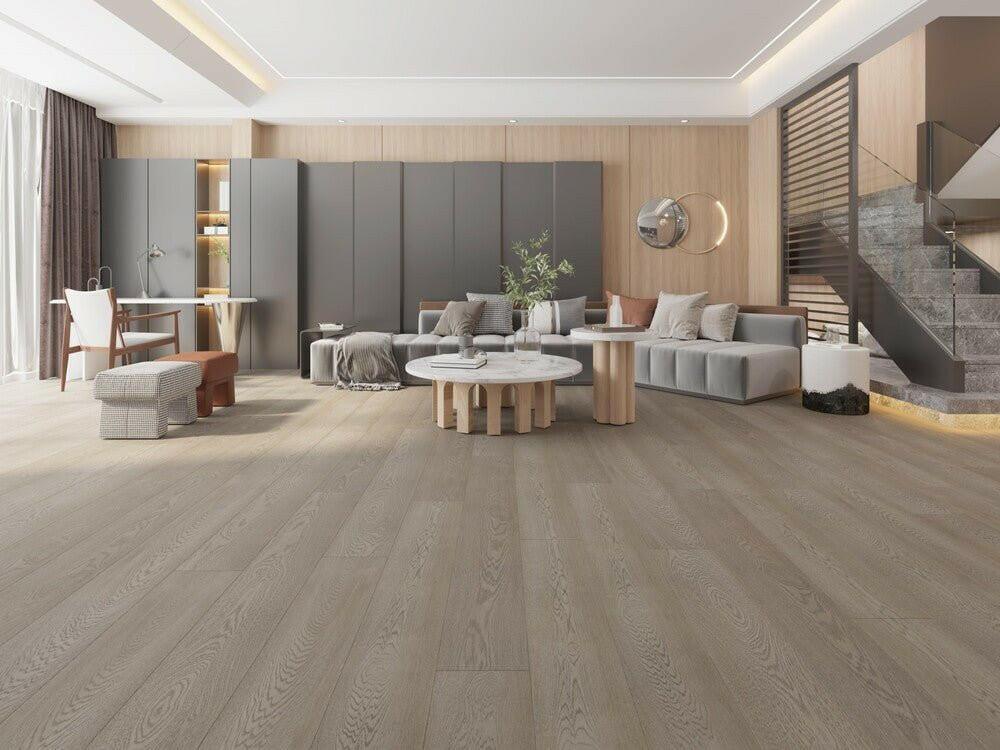 A modern living room which displays the beautiful look of Sandy Grey premium engineered hardwood flooring from Vidar.