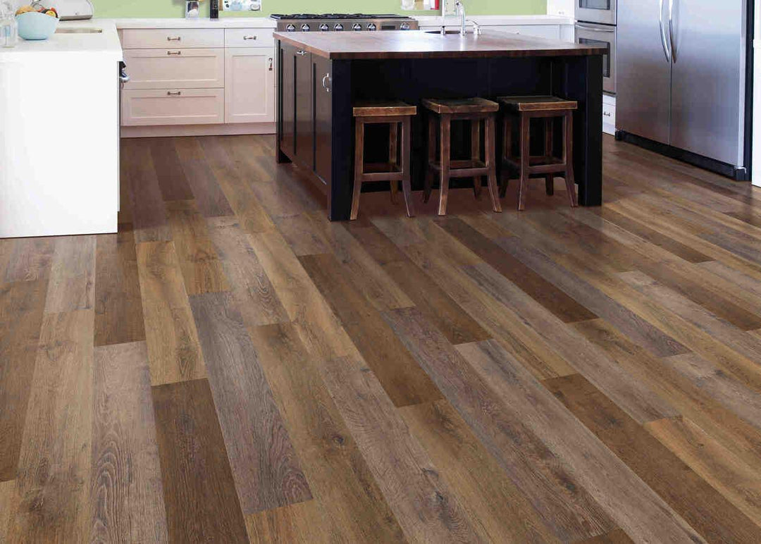 Modern kitchen with Shadow Woodlands from Mohawk SolidTech Explorer's Cove luxury vinyl plank 5mm installed.