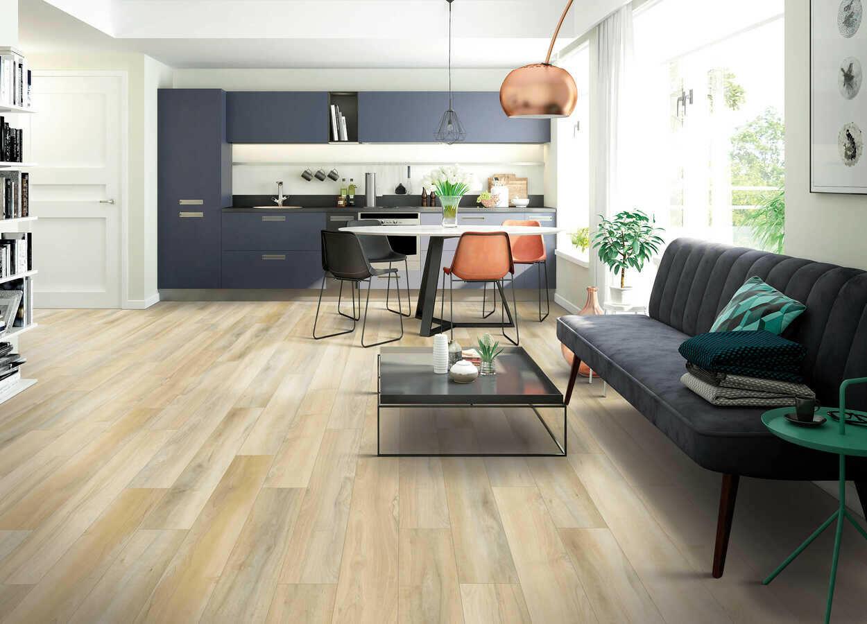 Modern room with 6mm vinyl plank installed in the colour Shoreline by Mohawk SolidTech sold by Advanced Flooring in Kitchener-Waterloo.