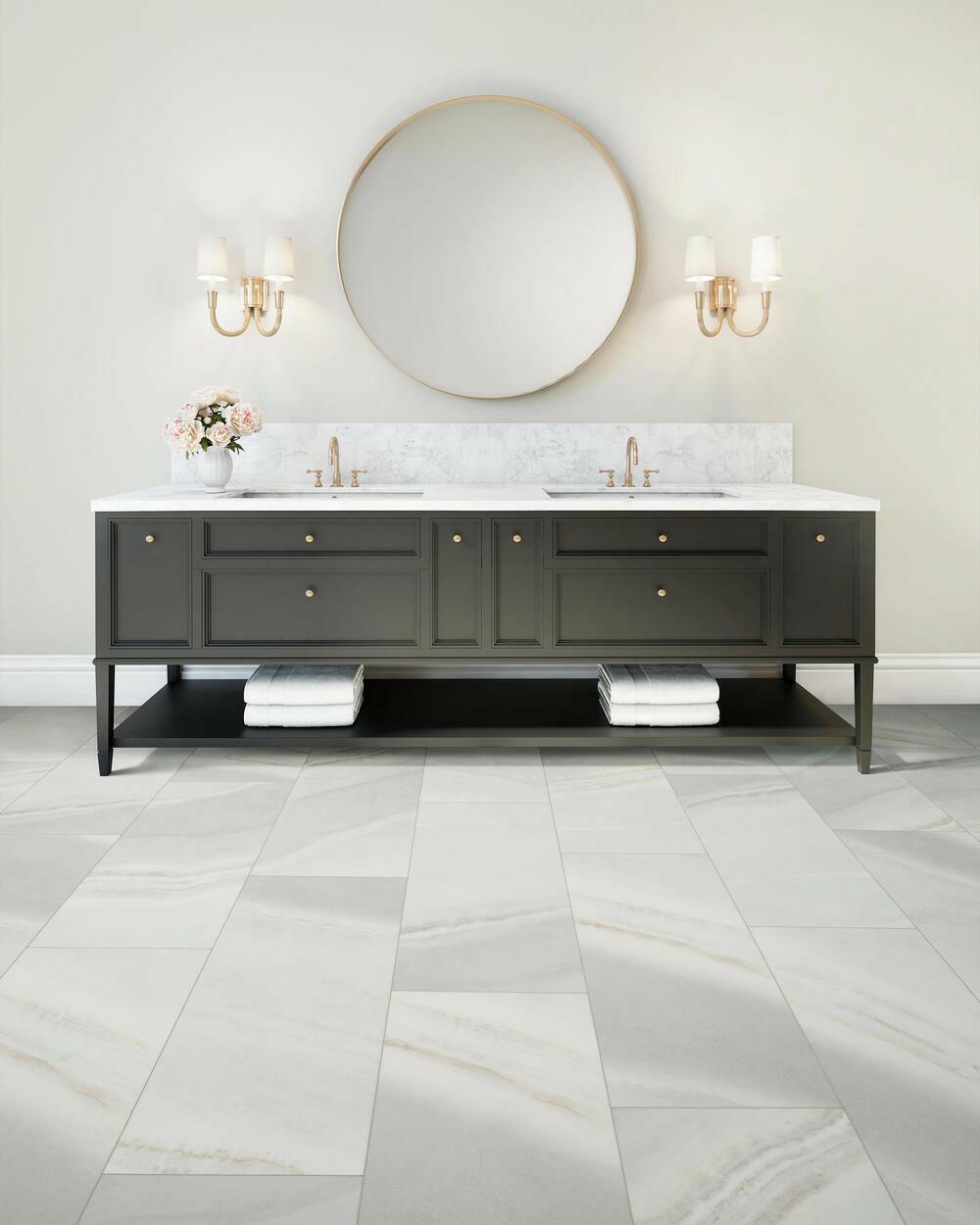 Modern room with 6mm vinyl tile installed in the colour Silver Satin by Mohawk SolidTech sold by Advanced Flooring in Kitchener-Waterloo.