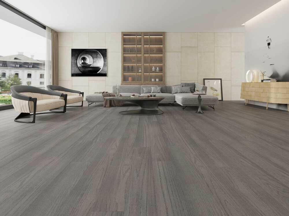 A modern living room which displays the beautiful look of Smoke Grey premium engineered hardwood flooring from Vidar.