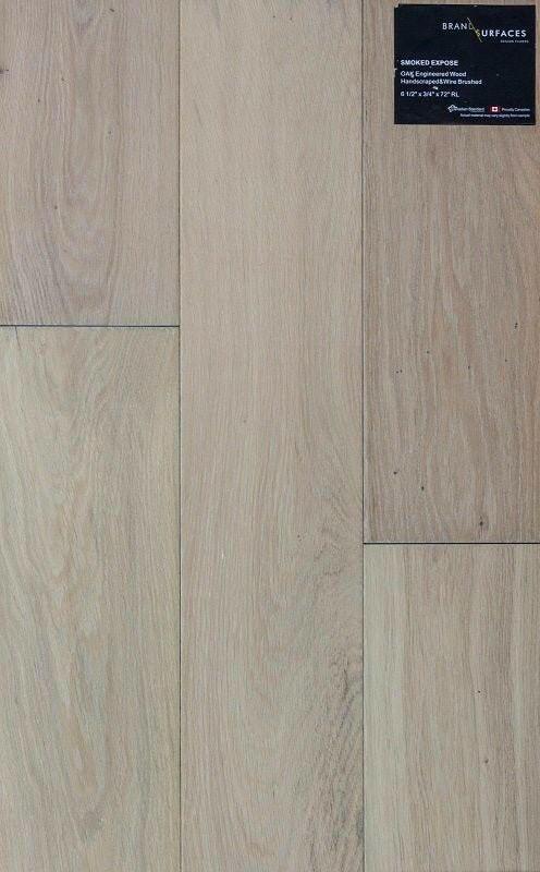 A close up of Smoked Expose BRAND SURFACES premium 6-½” engineered hardwood flooring from Canadian Standard.