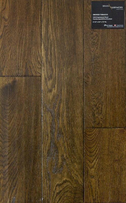 A close up of Smoked Tobacco BRAND SURFACES premium 6-½” engineered hardwood flooring from Canadian Standard.