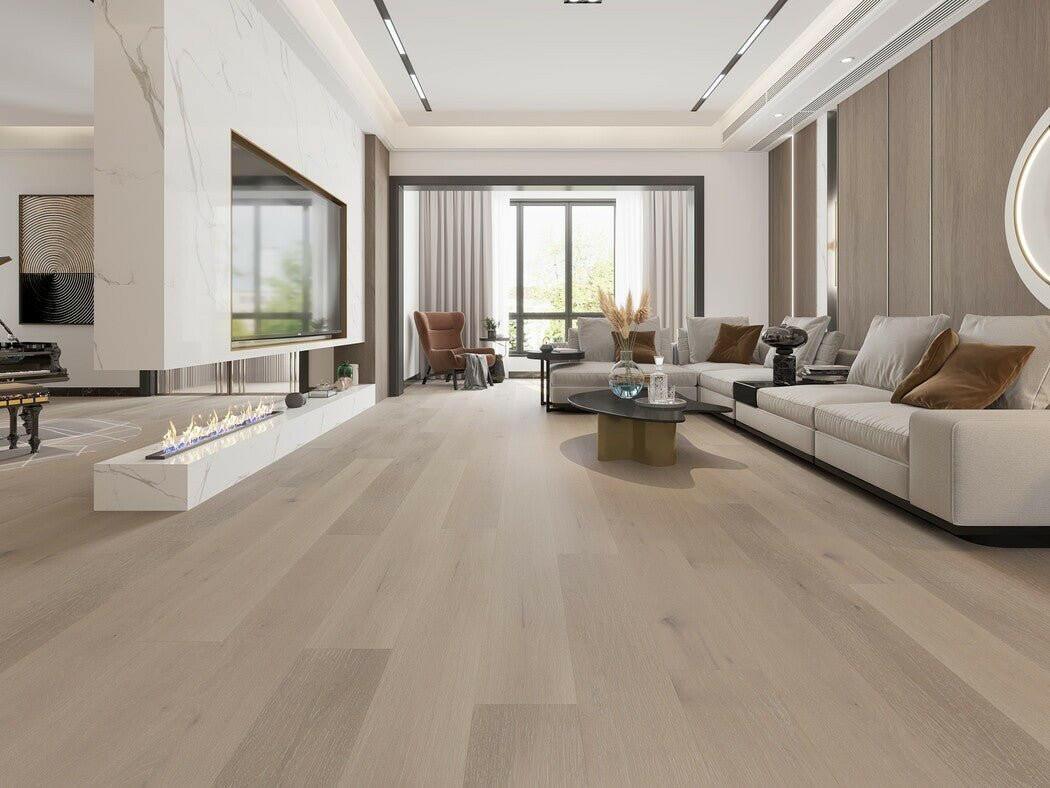 A modern living room which displays the beautiful look of Snowwhite premium engineered hardwood flooring from Vidar.