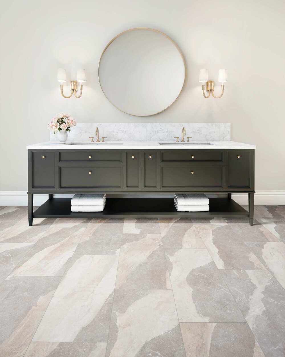 Modern room with 6mm vinyl tile installed in the colour Stone Grey by Mohawk SolidTech sold by Advanced Flooring in Kitchener-Waterloo.