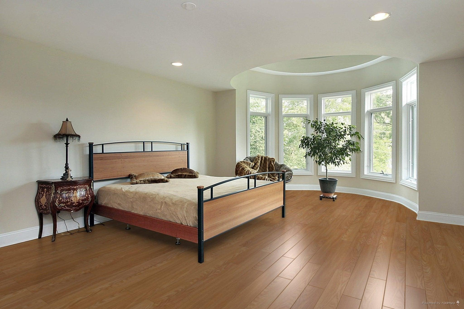 A modern bedroom which displays the beautiful look of TF1123-F Toucan 12mm laminate flooring.