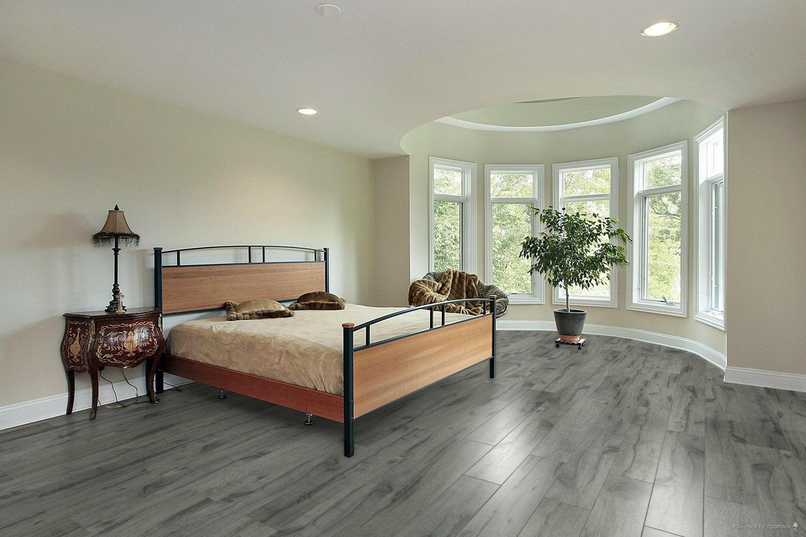 A modern bedroom which displays the beautiful look of TF6008-F Toucan 12mm laminate flooring.
