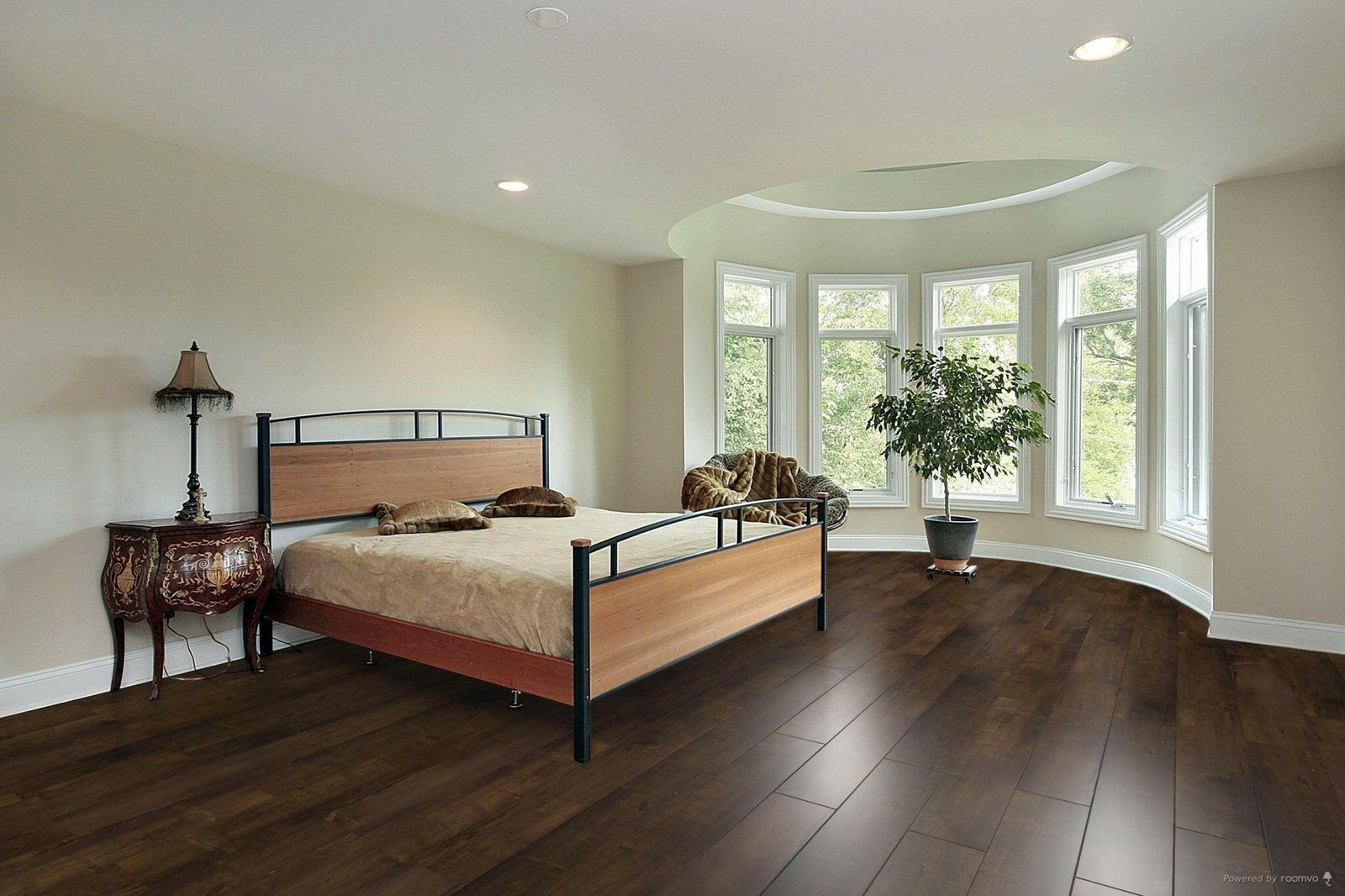 A modern bedroom which displays the beautiful look of TF6012-F Toucan 12mm laminate flooring.