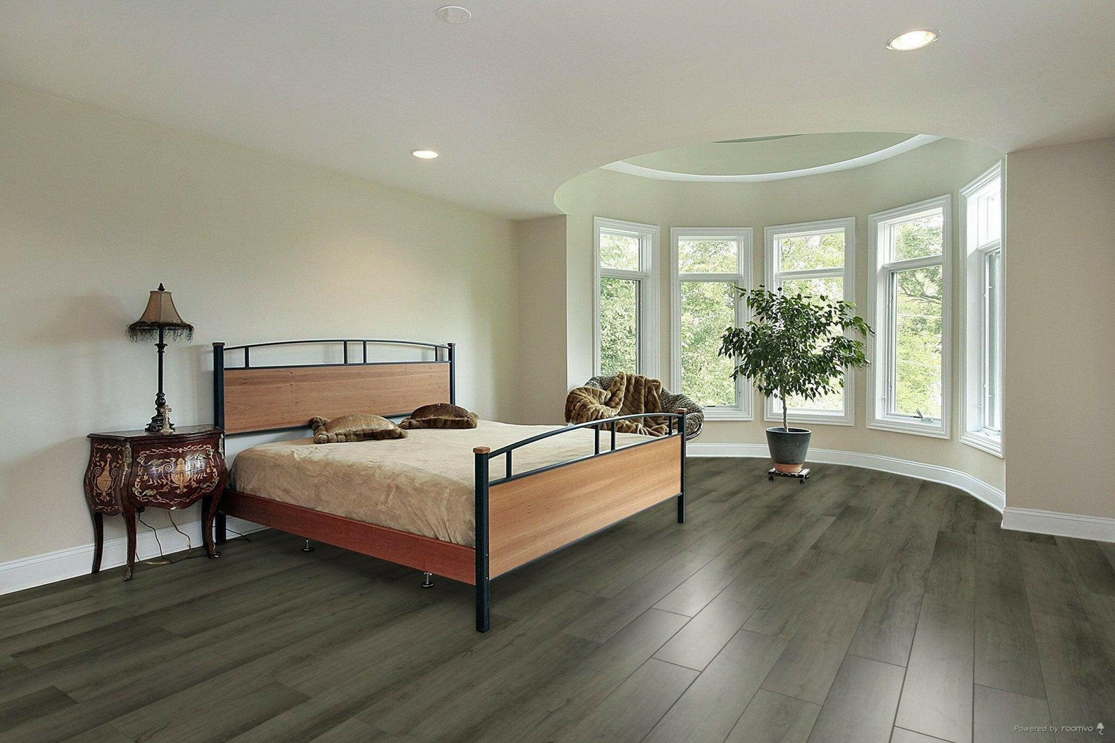 A modern bedroom which displays the beautiful look of TFL606 Toucan 5mm loose lay vinyl flooring.