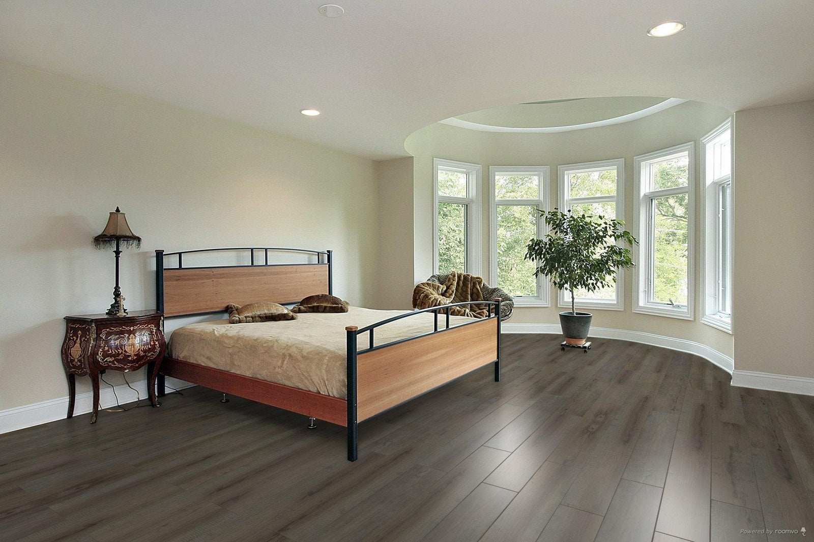 A modern bedroom which displays the beautiful look of TFSPC201-F Toucan 6.5mm vinyl flooring.