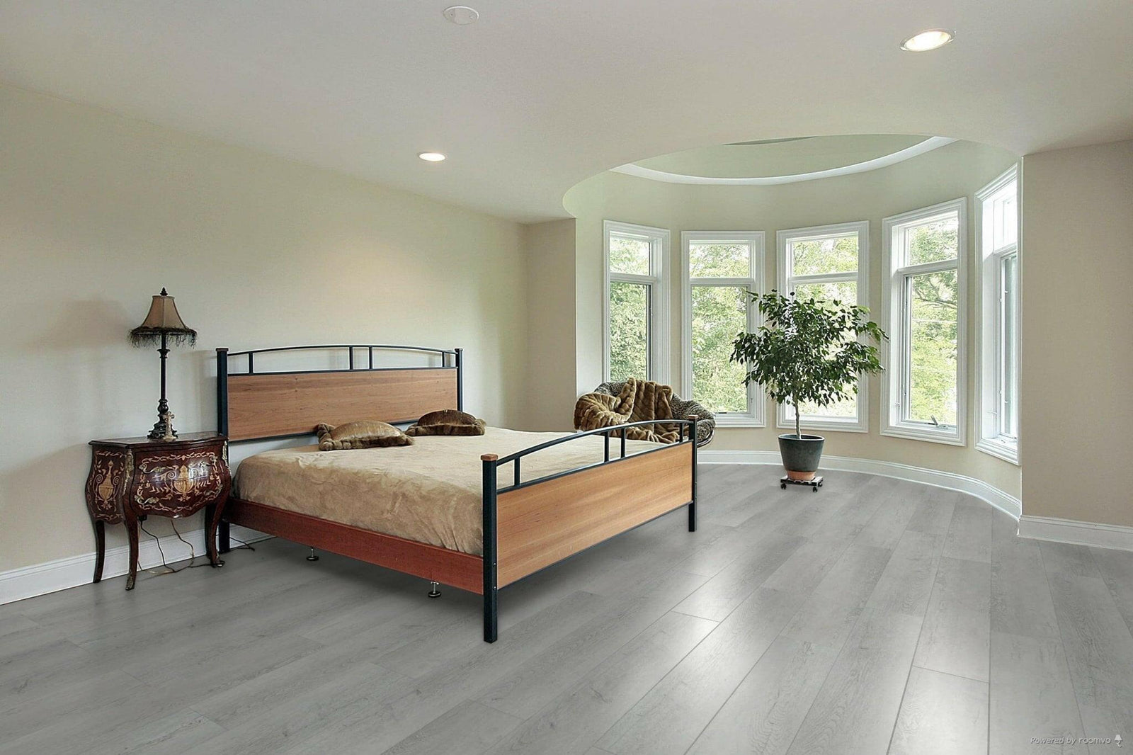 A modern bedroom which displays the beautiful look of TFSPC424-F Toucan 7mm vinyl flooring.