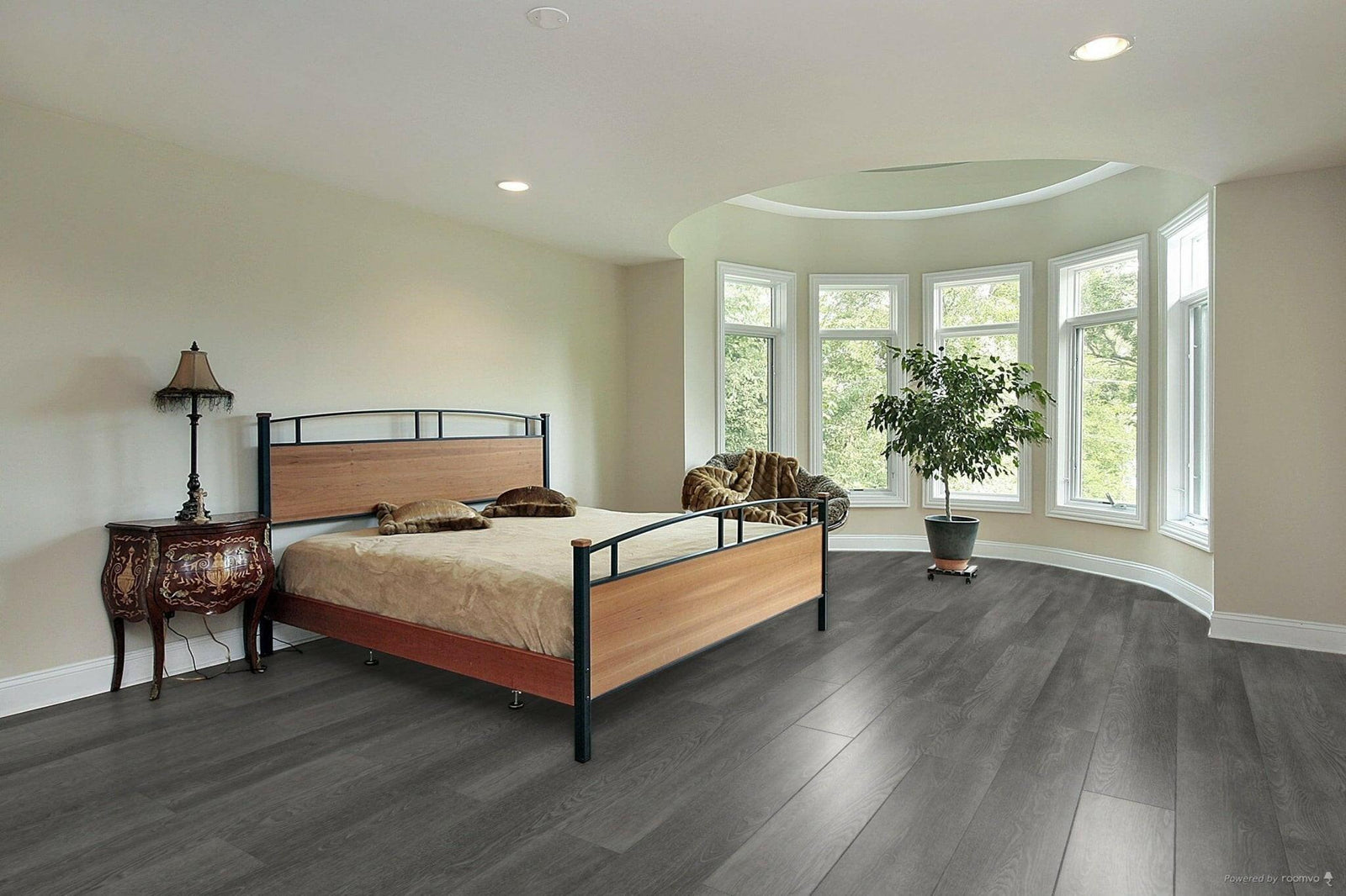A modern bedroom which displays the beautiful look of TFSPC503-F Toucan 6mm vinyl flooring.