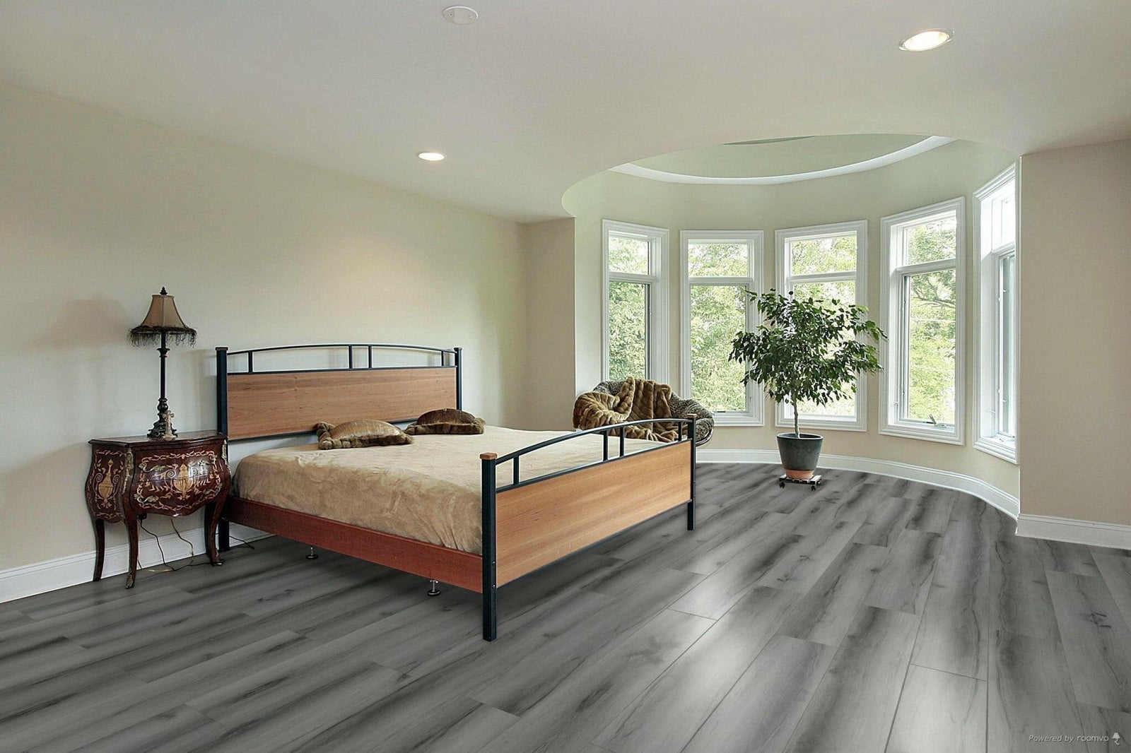 A modern bedroom which displays the beautiful look of TFSPC504-F Toucan 6mm vinyl flooring.