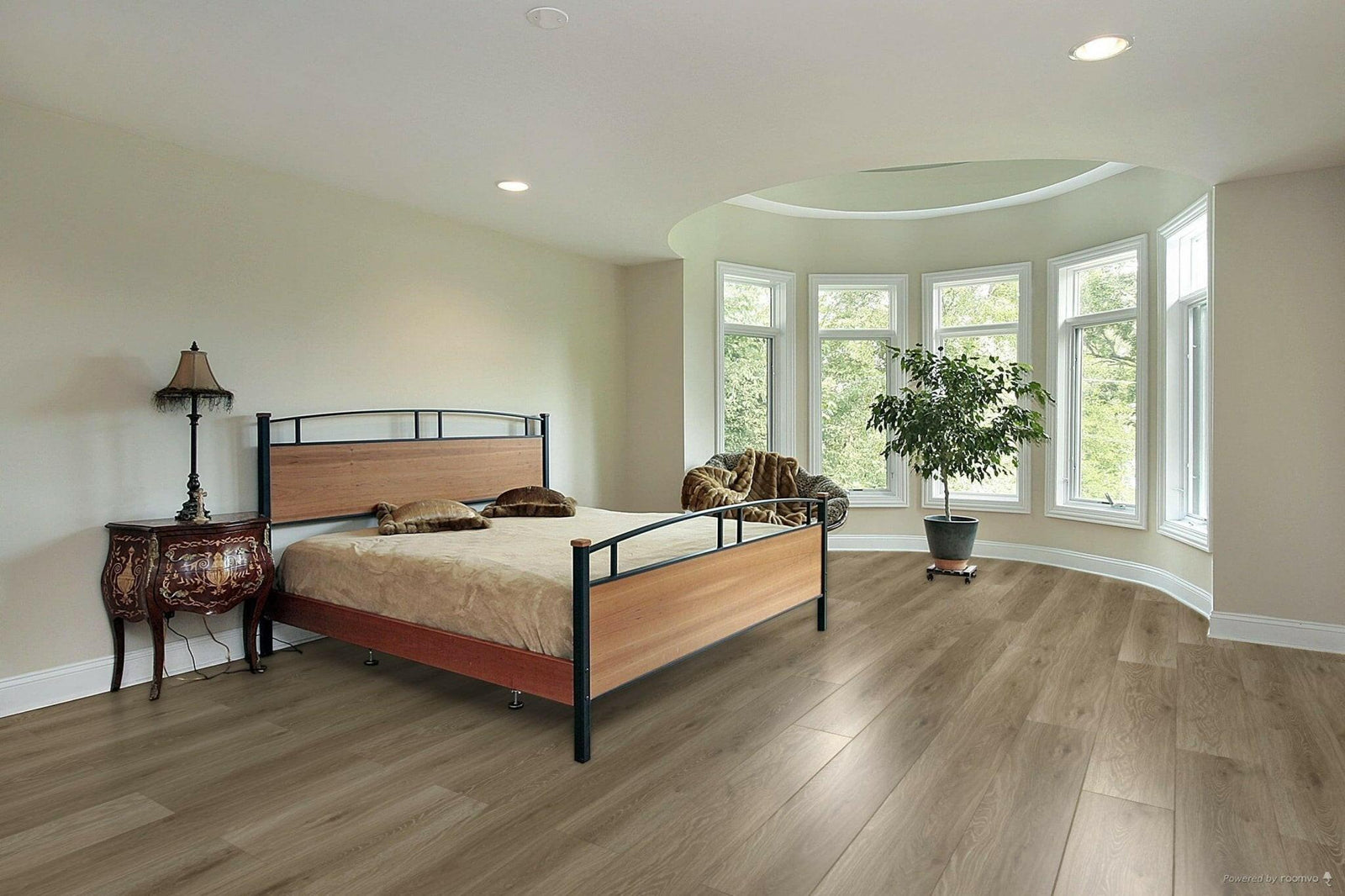 A modern bedroom which displays the beautiful look of TFSPC506-F Toucan 6mm vinyl flooring.