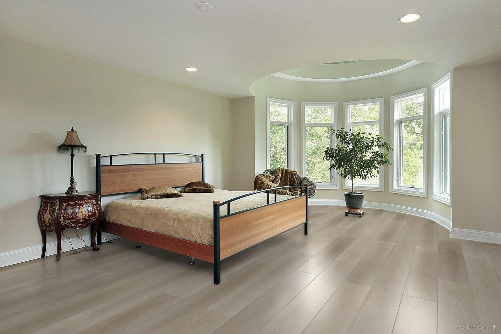 A modern bedroom which displays the beautiful look of TFSPC12-F Toucan 6mm vinyl flooring.